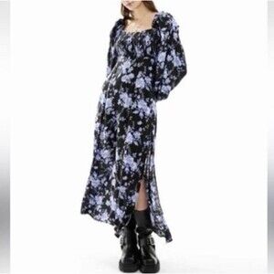 Free People Jaymes Midi Dress Floral Balloon Sleeve Black Blue Small
